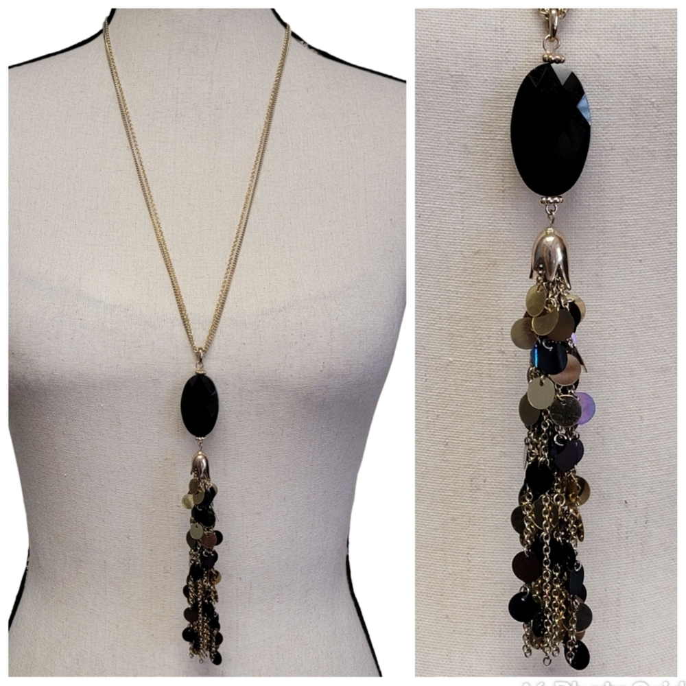 C1946 Sequin Tassel Statement‎ Necklace 31" Black Gold Tone Double Strand Chain